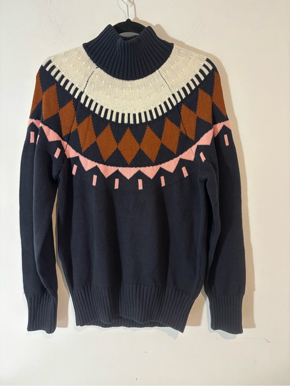 Daily Thread Women Medium Navy Geometric Turtleneck Sweater Heavy Cotton/Wool